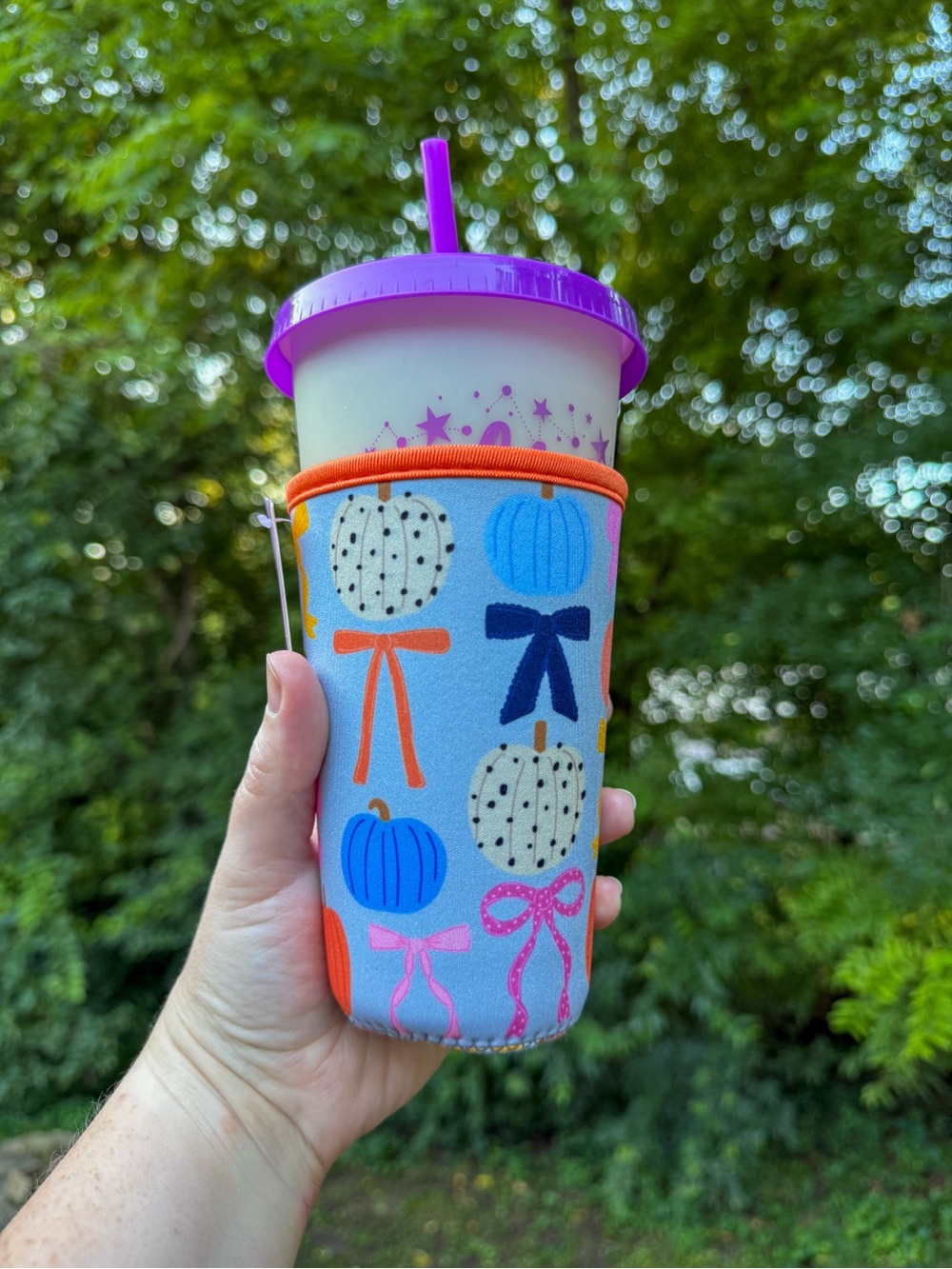 Seasonal Blue Pumpkin Medium Cup Sleeve with Orange Trim